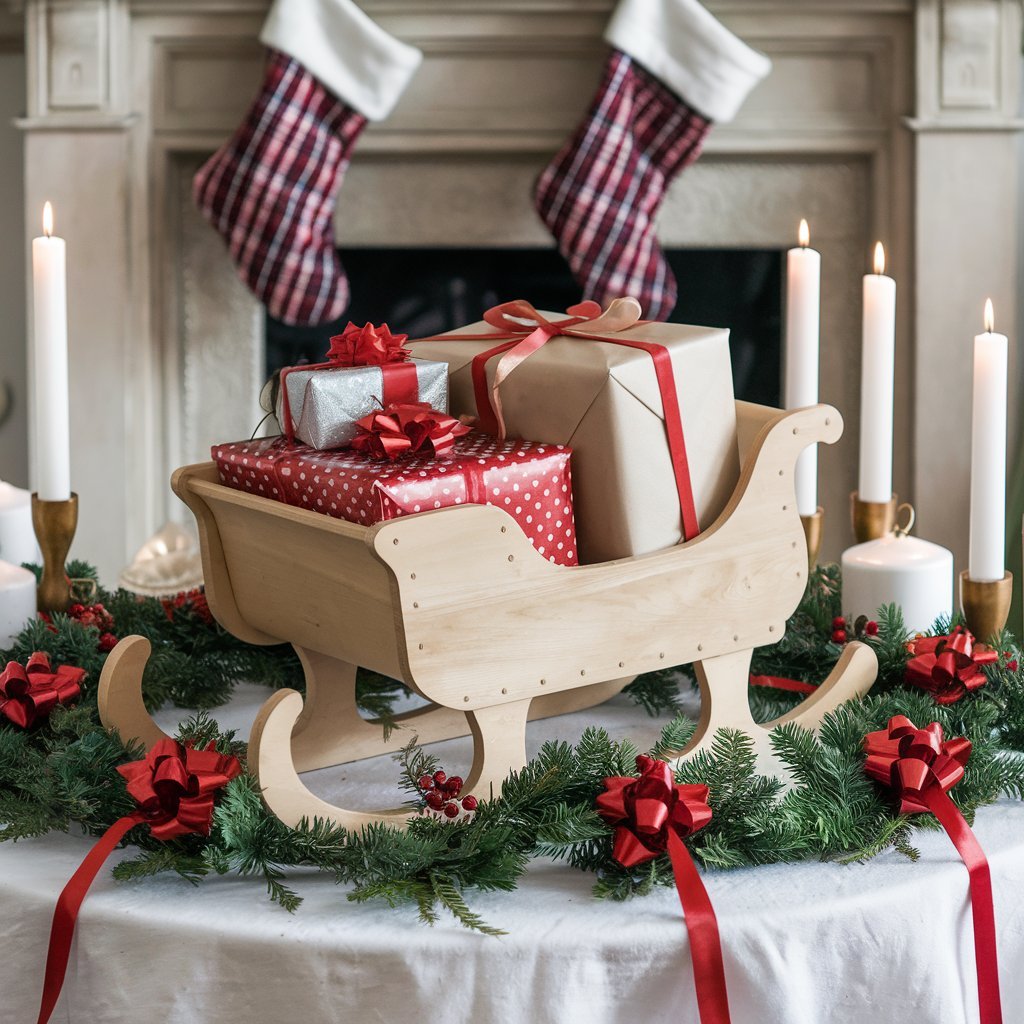 Centro de mesa de trineo con regalos.
Centro de mesa bonitos para navidad